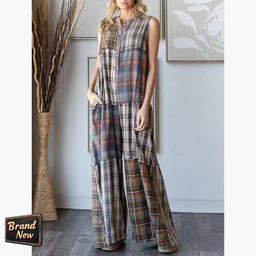 Sleeveless Patchwork Plaid Jumpsuit Loose Fit Wide Leg Overalls - Picture 2 of 4